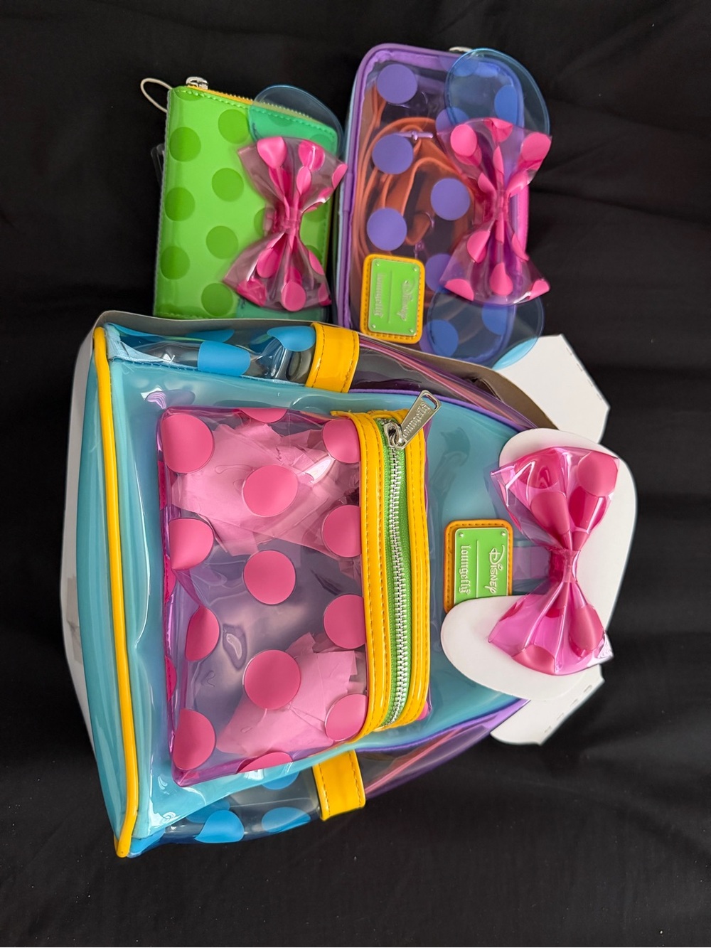 Loungefly Kids Clear Polka Dot Mini Backpack Set in Pink, Blue, Green, Yellow